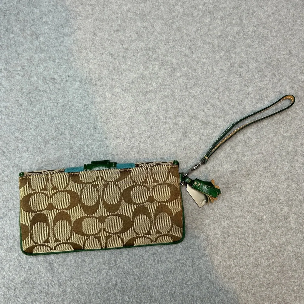 Coach Y2K Signature Patchwork Wristlet Green Teal Suede Canvas Buckle Wallet Bag